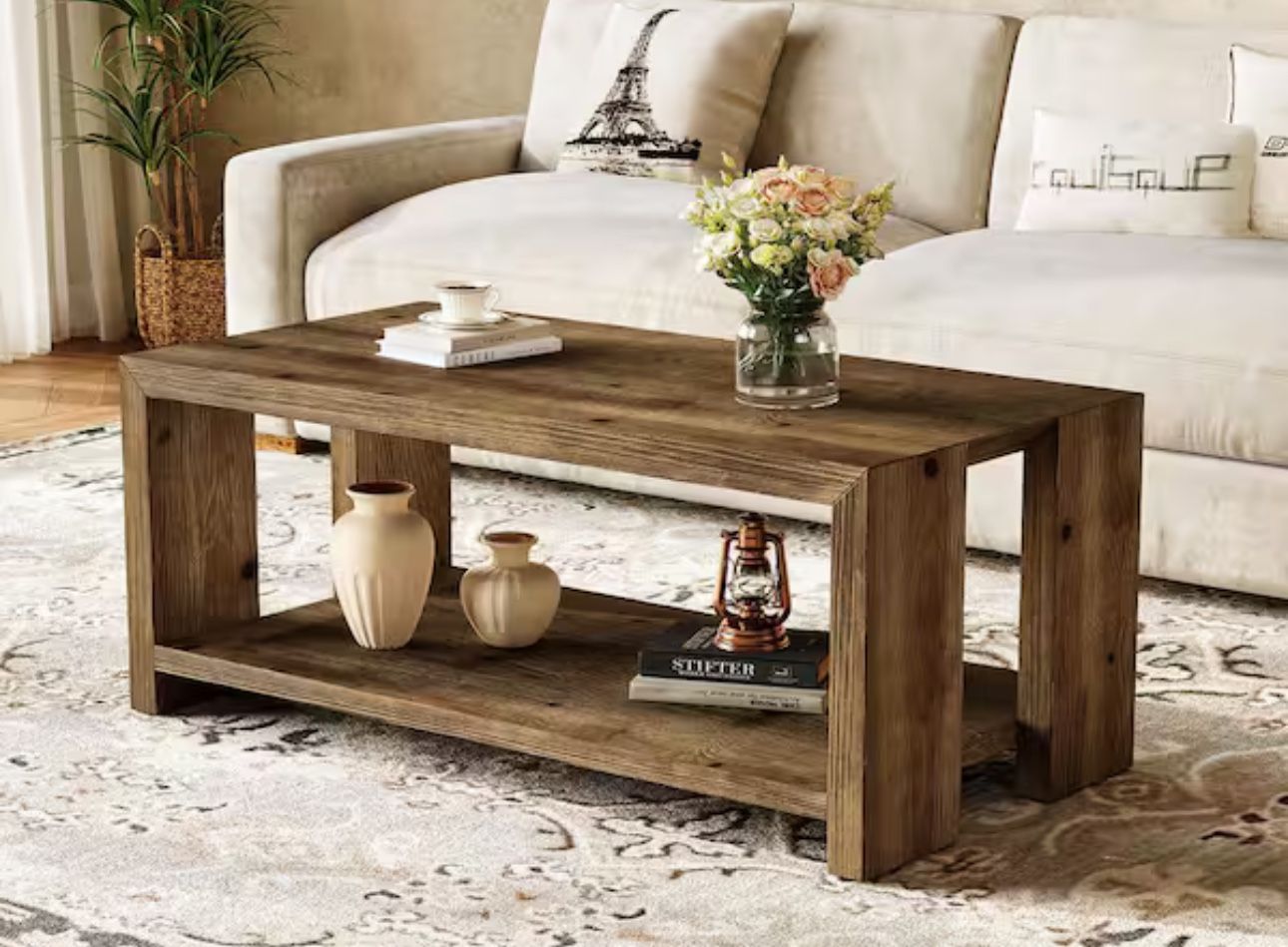 47 in. Brown Rectangle Solid Wood Coffee Table, Farmhouse 2-Tier Accent Center Tea Cocktail Table for Living Room