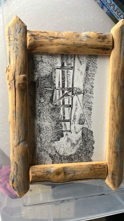 Framed Black and White Pen Drawing Rustic Log Frame