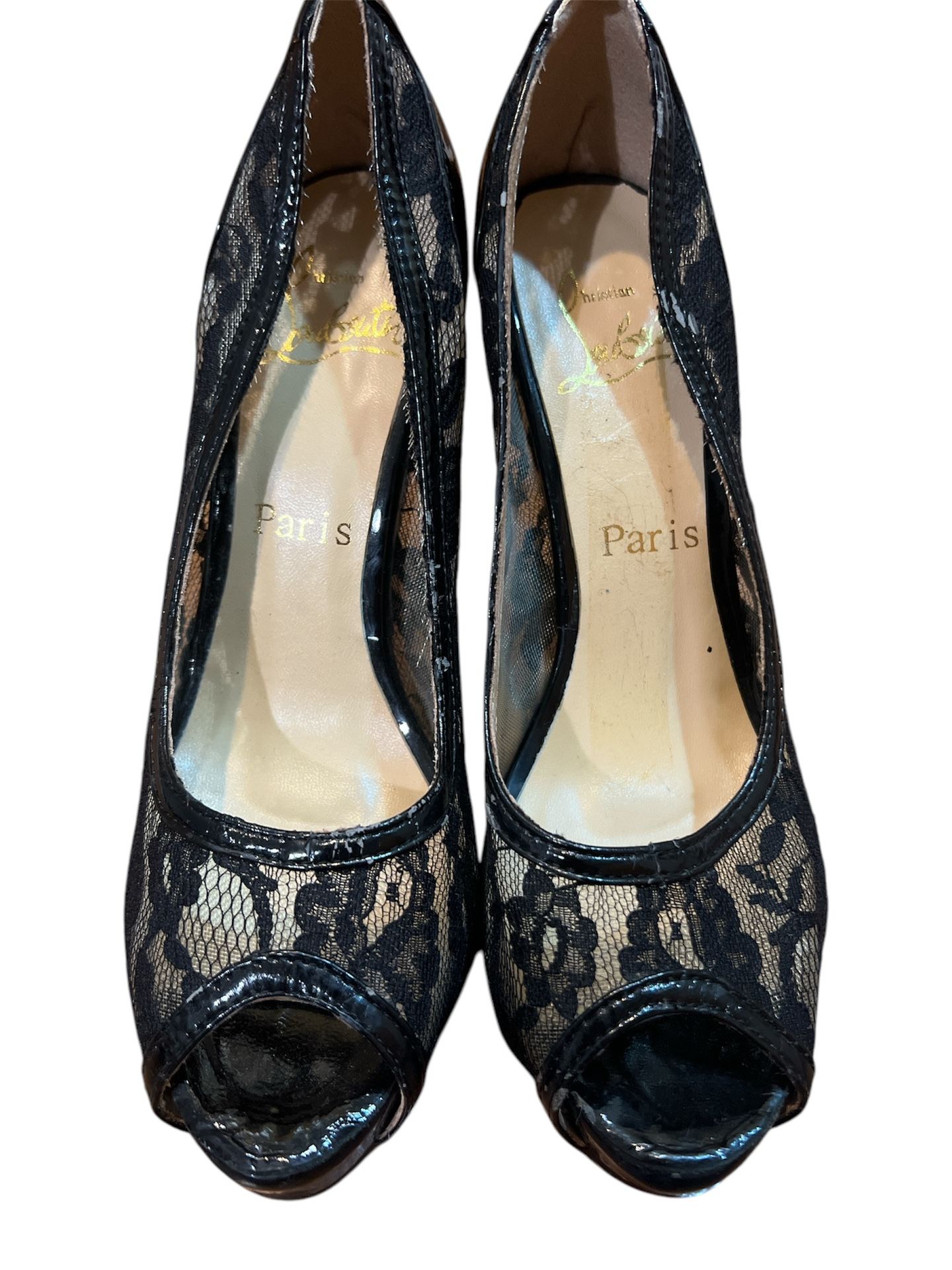 Black Louboutin Lace and Patent High Heel Pumps Size 37