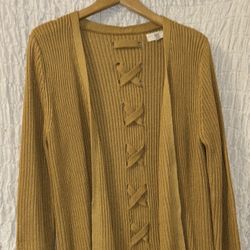 Pinque: Mustard Yellow Knit Cardigan with Crisscross Back Detail, Size: Large