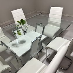 Clear Glass Dining Table Set White 6 Chair Dining Modern Includes Seat Covers 