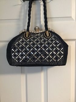STUNNING Indigo Blue  Denim Vintage-Inspired Rhinestone Jewel Top Satchel Bag/Discontinued-DeadStocke