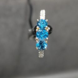 Brilliant Blue Diamond Ring Triple Stone W/Certificate 