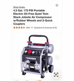 4.5 Gal. 175 PSI Portable Electric Oil-Free Quiet Twin Stack Jobsite Air Compressor w/Rubber Wheels and 2-Quick Couplers