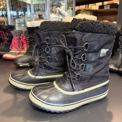 Sz 8 Sorel Winter Snow Boots Mens 1964 Pac Black Nylon Faux Fur Round NM1440-011