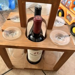 Wooden Wine Bottle And Glass Carrier