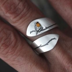 Boho Silver Adjustable Enameled Robin Redbreast Wide Band Bird Ring