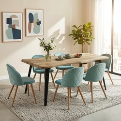 Homy Casa Lancelot 7PC Dining Set 63” Walnut Table with 6 Zomba Velvet Upholstered Chairs in Cactus Green