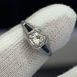 18kt Antique White Gold .45 CT Diamond & Sapphire Ring