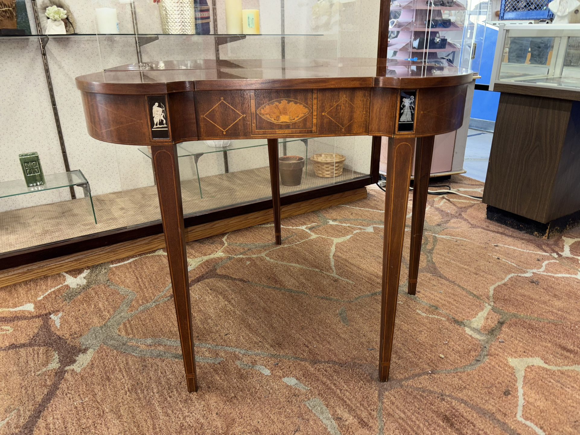 Late 20th Century Baker Furniture Neoclassical Style Mahogany Inlaid Marquetry Console Table