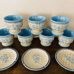 Temp-tations Floral Lace Blue W/Brown Trim Custard Dessert Cups/Bowls 