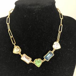 Bright Colorful Gold Tone Necklace Faceted Glass Charms