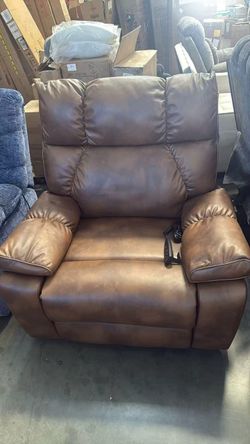Chino-Brown Oversized Dual Motor Genuine Leather Power Lift Recliner with Heat and Massage, 2-Pocket Cup Holders