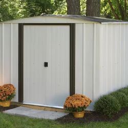 New Arrow Newport 8 ft. W x 6 ft. D 2-Tone Eggshell and Coffee Galvanized Metal Shed with Sliding Lockable Doors (43 sq. ft.)
