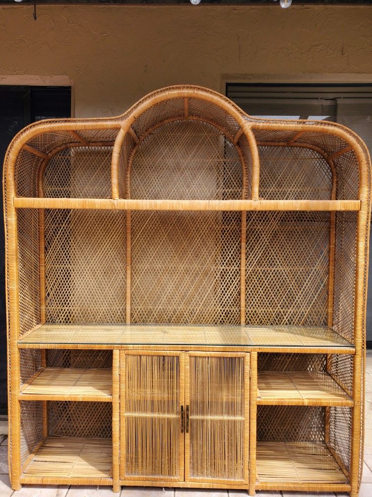 Vintage Boho Chic Rattan Wicker Etagere/Display Shelf