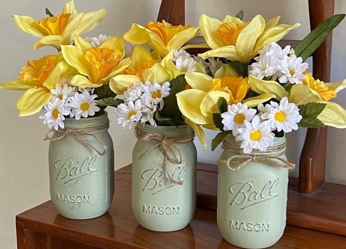 Chalk painted sage mason jars gift wedding - yellow DAFFODILS white DAISIES