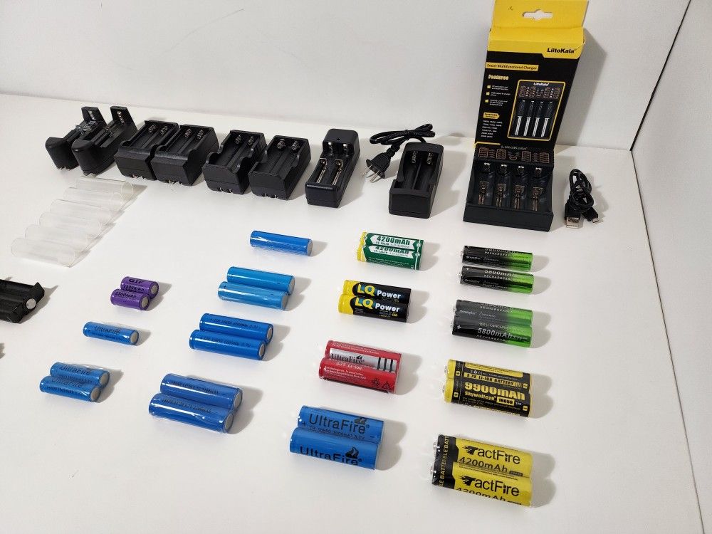 Single, Dual, 4 Slots Battery Chargers, TactFire, Skywolfeye, Ultrafire,  LQ Power, CN, AC20, ICR & GIF Rechargeable Batteries, etc


