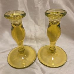 Vintage Uranium Vaseline Glass Candlestick Set, Transparent Yellow, Fits Tapered Candles