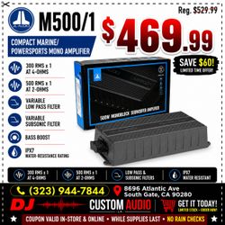 JL Audio Compact Marine Subwoofer Amplifier 500 Watts RMS 1000 Watts Max M500/1 🚨 Payment Options Available 🚨 No Credit Needed 🚨