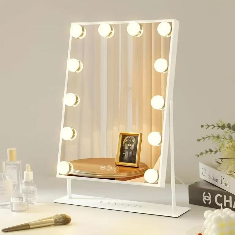 GLOBAL 14.5" x 18.9" Vanity Makeup Mirror with Lights Tabletop Metal White