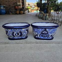 Blue And White Talavera Clay Pots (Planters) Plants. Pottery $35 cada una.