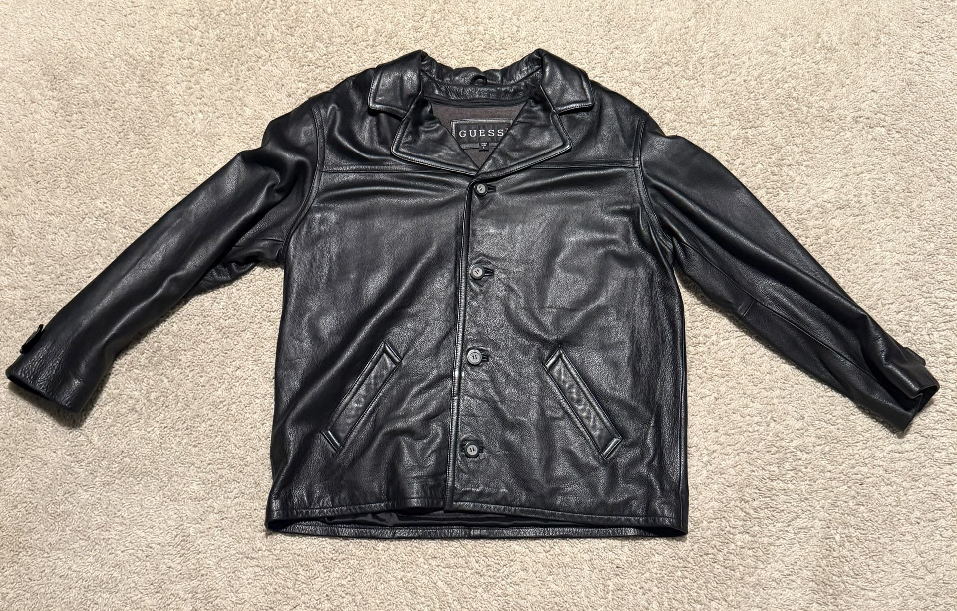 Vintage Guess Mens Leather Jacket Blazer Size L Black Button Front Collar