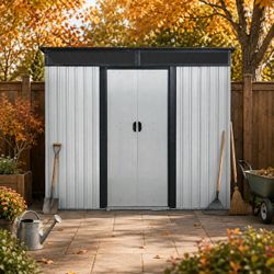 8 ft x 6 ft Outdoor Metal Storage Shed with Window and Transparent plate for Garden, Lawn (White and Black)(W540P185323)