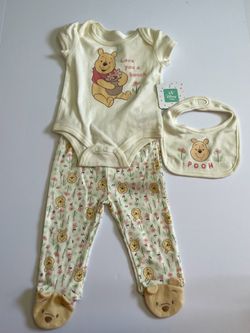 3-6M Baby Girl Disney Baby Winnie the Pooh 3 Piece Outfit Set Bodysuit Footed Pants & Bib