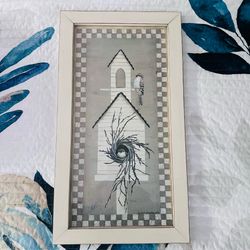 Wood framed birdhouse print  Frame is wood off white distressed  22 1/4” tall x 12 1/4” wide