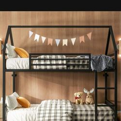 Bunk Bed Twin Over Twin, House Bunk Bed Frame with Ladder and Guardrail, House Shaped with Metal Slats for Dormitory
