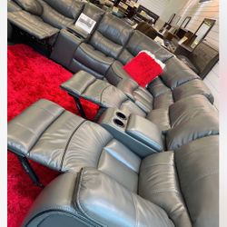 Fourth of July sale. Madrid gray leather reclining sectional now $1599. Easy finance option. Same day delivery.