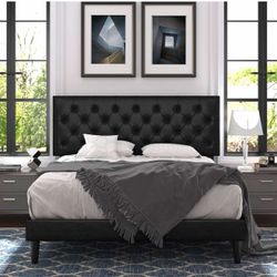 Full Size Platform Bed Frame, faux leather , Deep Black S-29