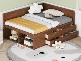 Walnut Wood Frame Full Size Daybed with Under-Bed Shelves, 4-Storage Drawers