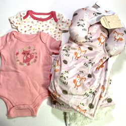 Buttons & Stitches Pink Fox & Friends Minky/Sherpa Blanket Set NWT