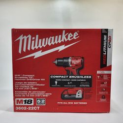 New Milwaukee 3602-22CT M18 18V Compact Brushless 1/2" Hammer Drill/Driver