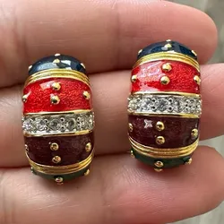 Vintage Joan Rivers Multicolor Enamel Oval Stud Earrings w/ Simulated Crystal