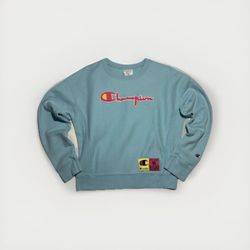 Champion Reverse Weave Sweater Womens Small Blue Pink Pullover Crew Neck