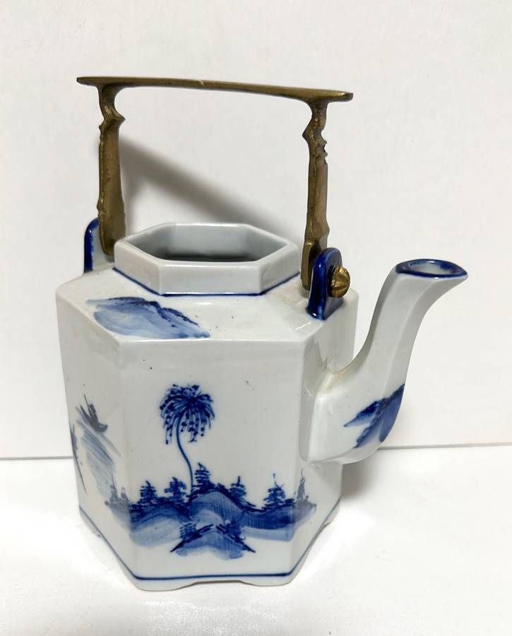 Vintage Blue And White Porcelain Hexagonal Teapot With Ornate Brass Handle