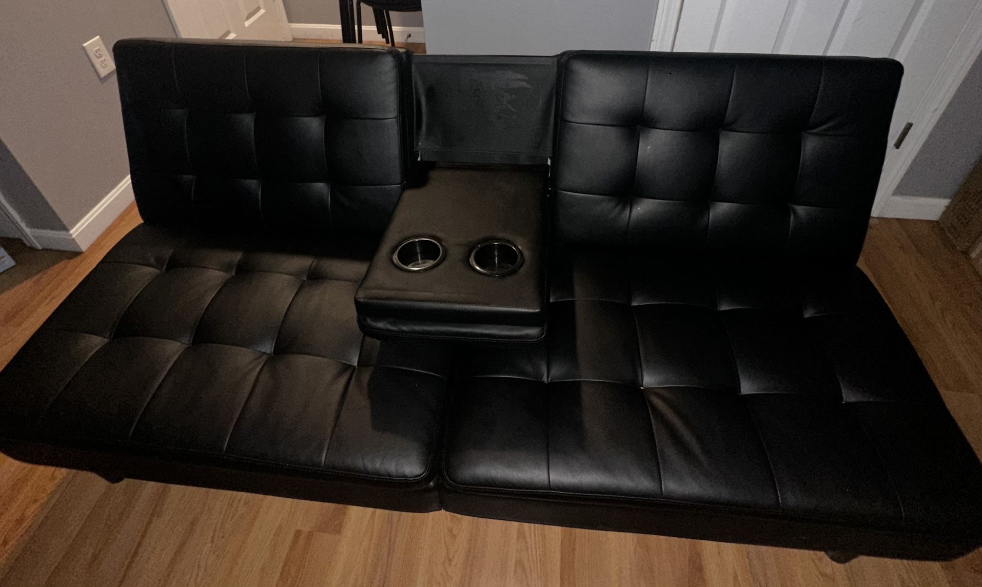 Memory Foam Futon with Cupholder, Black Faux Leather