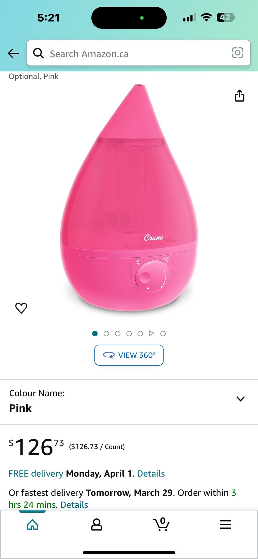 Crane Ultrasonic Humidifiers for Bedroom and Office, 1 Gallon Cool Mist Air Humidifier for Large Room and Home, Humidifier Filters Optional, Pink