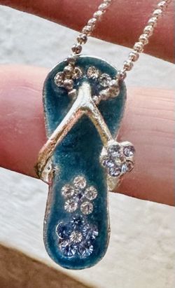 18 Inch Long Sterling Silver 925 Necklace With Flip flop Pendant Blue Enamel Swarovski Crystal A1448
