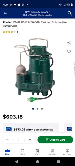 (NEW) Zoeller Submersible Sump Pump  80 GPM 1/2 HP