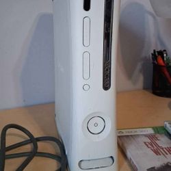 Xbox 360 with 3 games, controller, and power chord