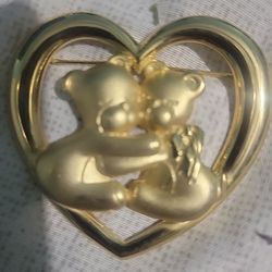 Golden Heart  Shaped Broochwith Hugging Bears