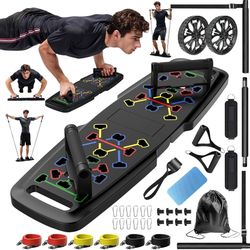 Push Up Board,Home Gym,Portable Exercise Equipment,Pilates Bar and 20 Fitness Accessories with Resistance Bands and Ab Roller Wheel,Full Body Workout 