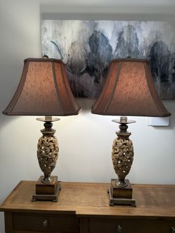Two Tall Uttermost Open Scroll Bronze Table Lamps (31” Tall)