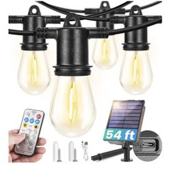 Tira de luces solares de 54 pies, impermeable, para exteriores, 16+1 bombillas LED, temporizador controlado a distancia, regulable, 8 modos, puerto US