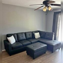 3 pieces black Faux Leather Couch Sofa Set