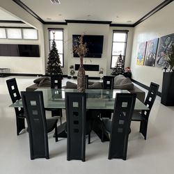 Dining Room Table & 8 Leather Chairs