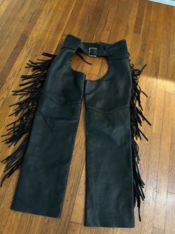Woman's Black Leather Chaps with Fringe waste Fits up to a 32
